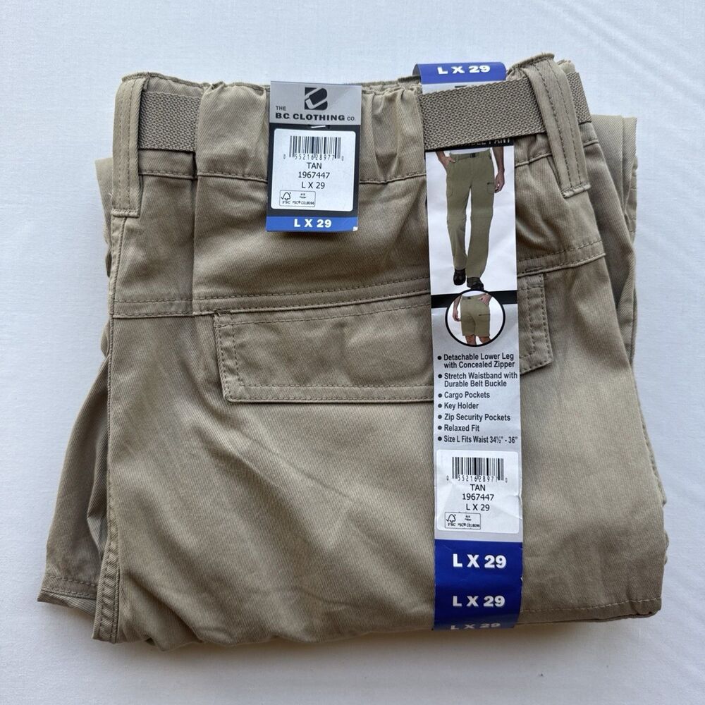 BC Clothing Men's Belted Convertible Pants Tan, Size Large x 29 (New)